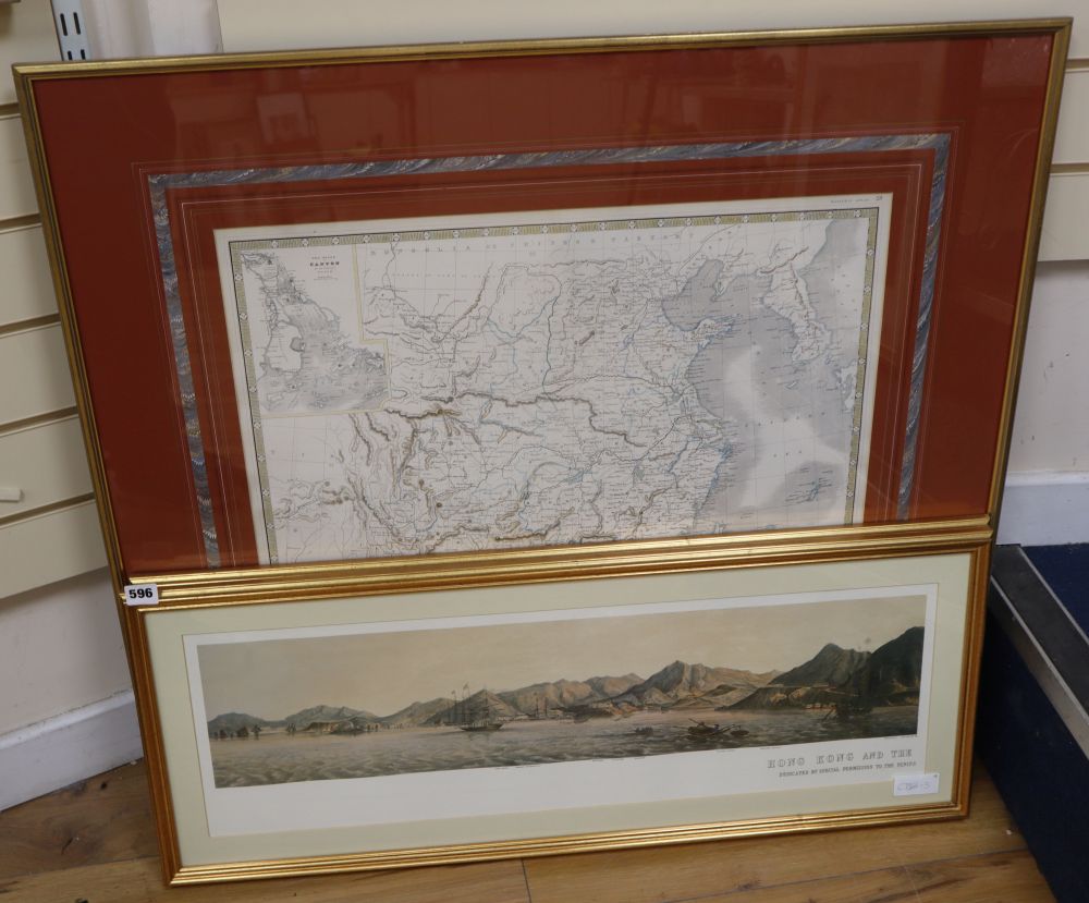 After Day & Son, pair of colour prints, View of Hong Kong and the Town of Victoria, overall 23 x 78cm and a map of China